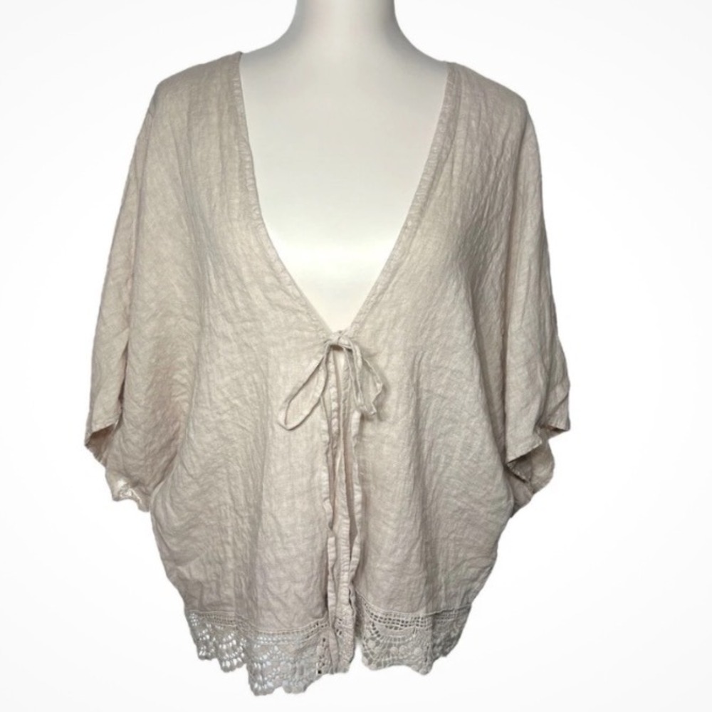 Lara Guidotti linen one size lace natural tie-front top dolman kimono OS‎ wrap